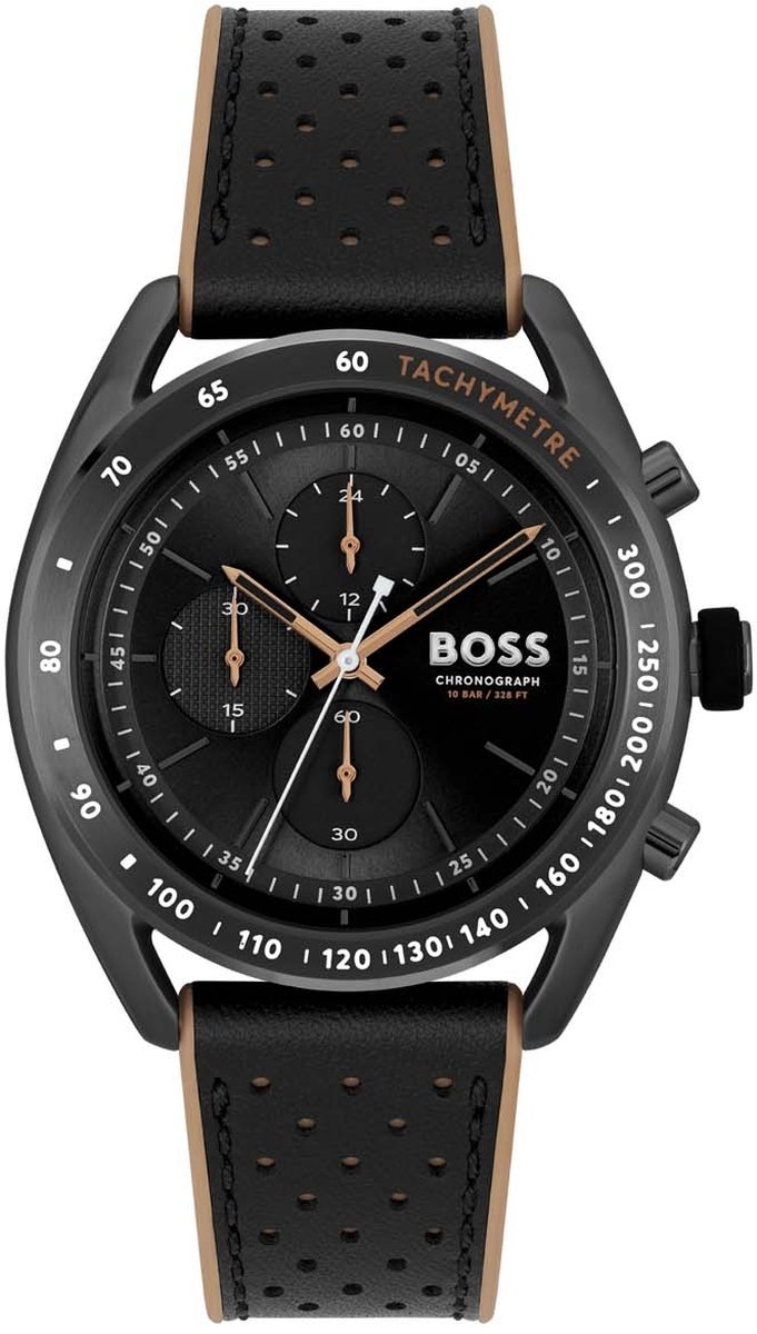 BOSS HB1514022 CENTER COURT Heren Horloge - Mineraalglas - Staal-Leer - Zwart - 44 mm breed - Quartz - Gesp - 10 ATM (zwemmen)