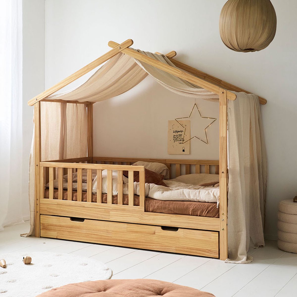 Petite Amélie Hemeltje Beige 'Maison' 80x160 cm - Gordijn Mousseline 100 % Biologisch Katoen - Perfecte Pasvorm voor 'Maison' Bedhuisje 80x160 - Stevige Bevestiging met Linten - Creëer een Knusse & Rustige plek