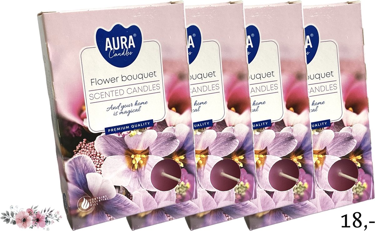 Waxinelichtjes - 'Flower Bouquet' - Theelichtjes - Geurwaxinelichtjes - Geurtheelichtjes - Bloemen - Bloemengeur - Bloemig - Boeket - Tuin - 4 Branduren - Roze - Romantisch - Geschenk - Cadeautje - Kado