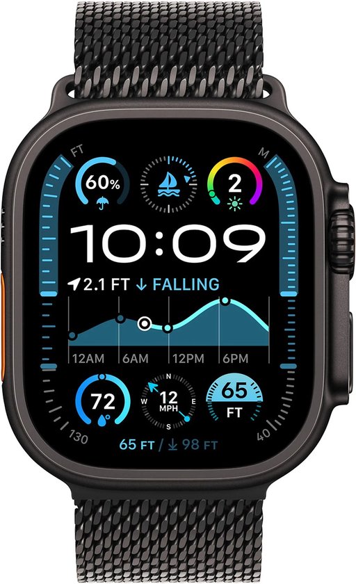 Zwarte Apple Watch Ultra 2 met zwart titanium Milanese band. Het scherm toont 10:09, een grafiek, 72°F en 12 mph wind.
