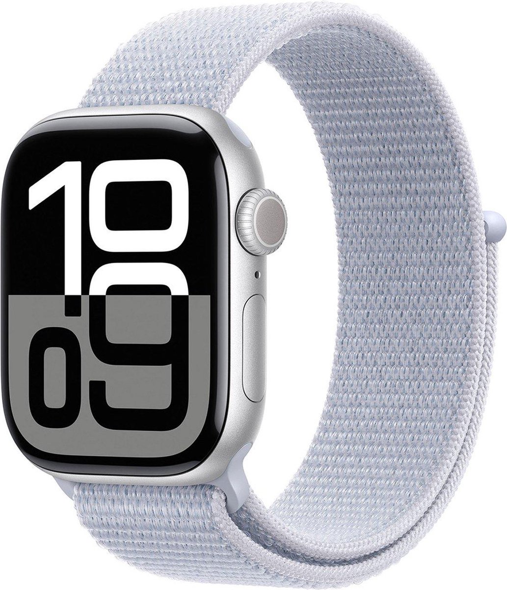 Afbeelding 2 van Apple Watch Series 10 - Wifi - 42mm - Zilveren Aluminium Case met Blauw Cloud Geweven Sportbandje
