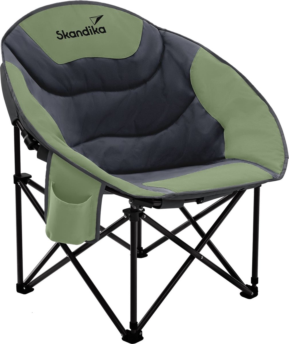 Skandika Sirkka Moonchair – Campingstoelen – Klapstoel – Vouwstoel – Kampeerstoel - Grote, comfortabele, campingstoel opvouwbaar, gepolsterd, koelvak, drinkhouder, draaggreep en draagtas, antislipvoetjes - Max. 150 kg – groen/grijs