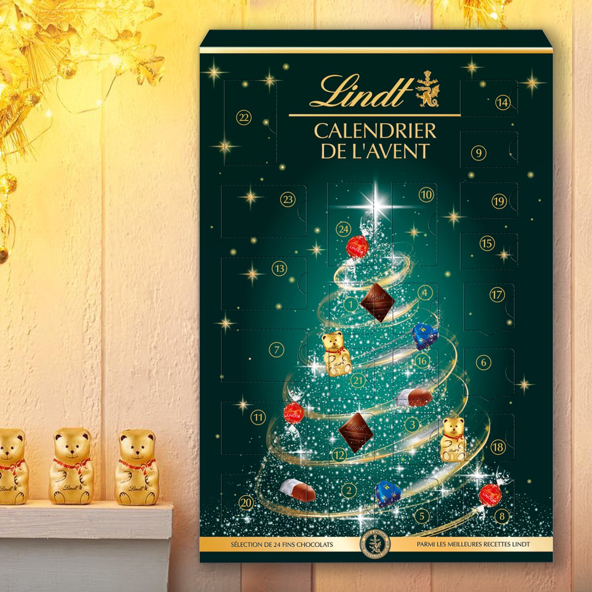 Lindt Chocolade Adventskalender Kerstboom 221 gram - 24 premium gemengde chocolade - Aftellen tot Kerst samen met Lindt chocolade - Pure chocolade, Melkchocolde & Witte Chocolade