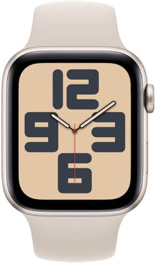 Apple Watch SE 44mm avec boîtier en aluminium Starlight et bracelet de sport Starlight. L'écran affiche de grands chiffres bleu foncé 12, 9, 3, 6 sur fond beige.