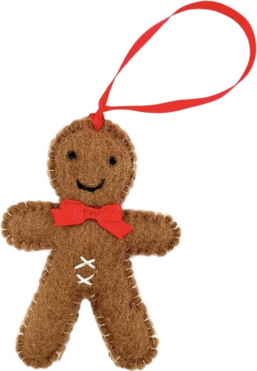 Luna-Leena duurzame gingerbread man hanger - plat koekemannetje - bruin - vilt wol - handgemaakt in Nepal - peperkoek mannetje - taai taai pop - kersthanger - kerstcadeau - kerstboom hanger - cadeau - kerst gift - kerstfeest