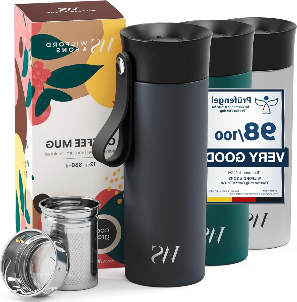 Koffie To Go Thermosbeker met Draagriem en Thee-Infuser Geïsoleerd en Lekvrij BPA-Vrij Dubbelwandige Isolatie RVS Reisbeker Mok Vrouw Man Travel Mug Tumbler