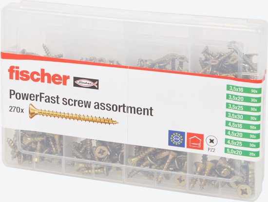 Transparante assortimentskoffer met 270 Fischer PowerFast schroeven in diverse maten, goudkleurig.