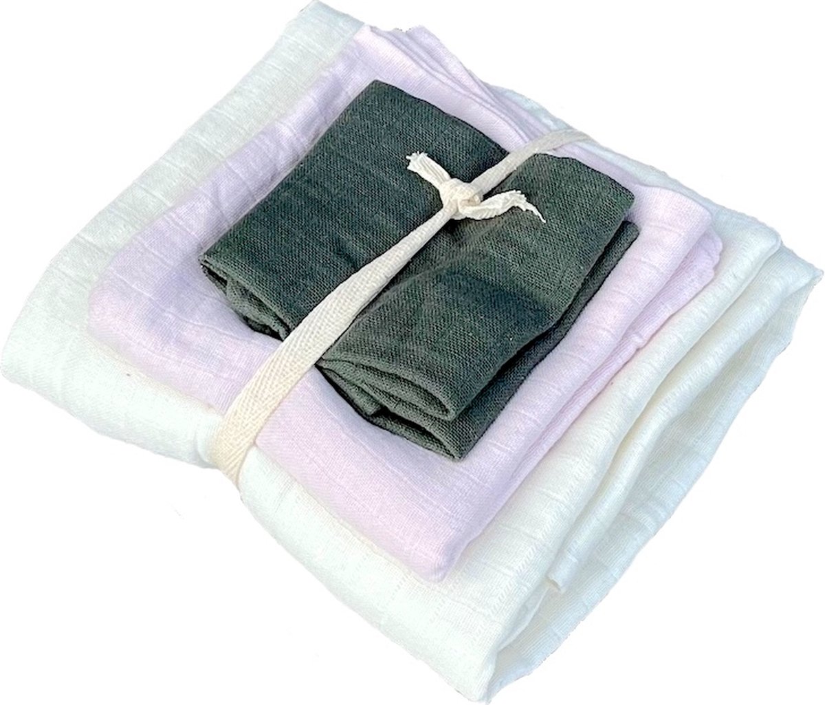 Goedkoopste Set van 4 hydrofiele doeken - diverse maten - XL hydrofiele doek - Spuugdoekje - Swaddle - naturel - groen - oud roze