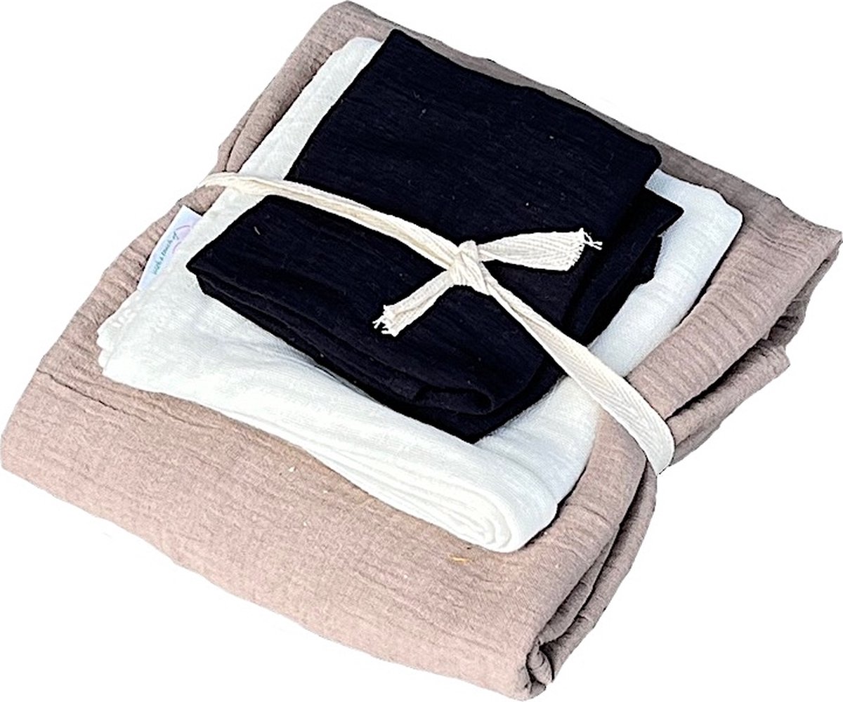 Goedkoopste Set van 4 hydrofiele doeken - diverse maten - XL hydrofiele doek - Spuugdoekje - Swaddle - naturel - zwart - taupe