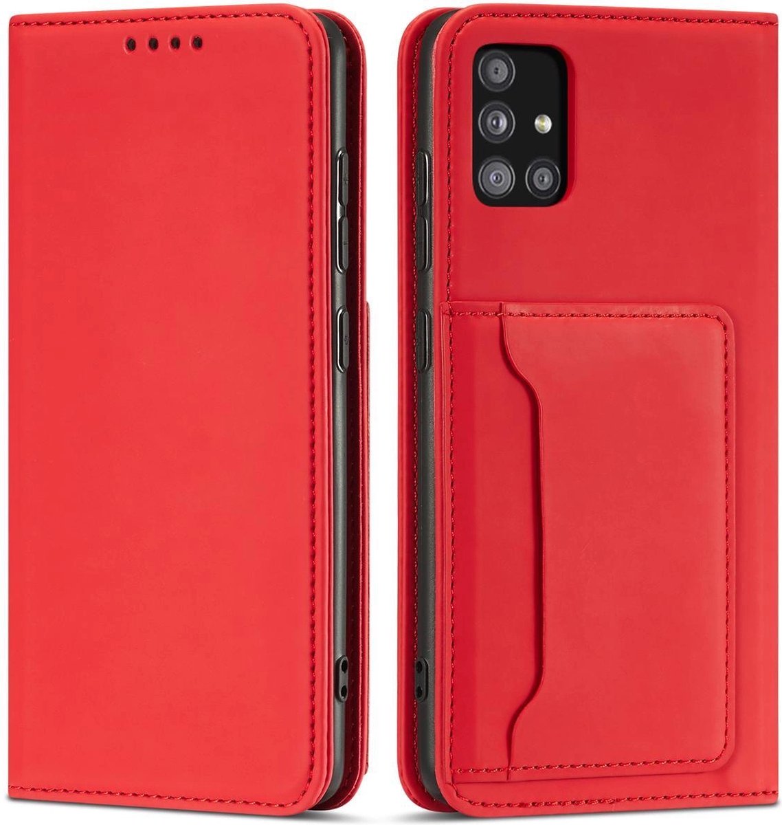 Magnet - Card - Case Hoesje voor Samsung Galaxy A12 5G Card Wallet Cover rode standaard