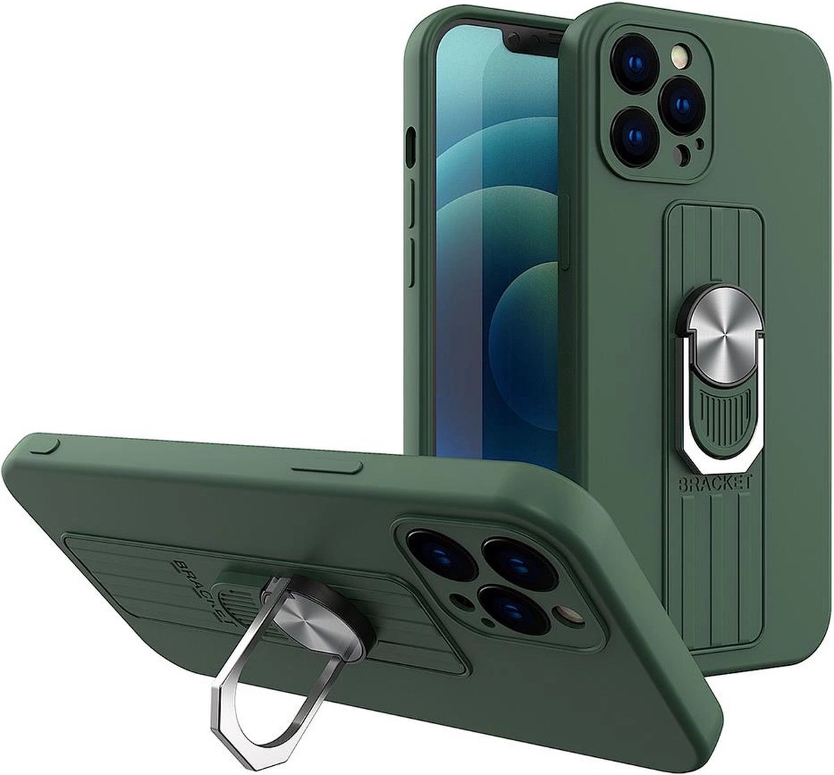 Ring - Case - siliconen hoesje met vingerhouder en standaard voor iPhone - 12 - mini - donkergroen