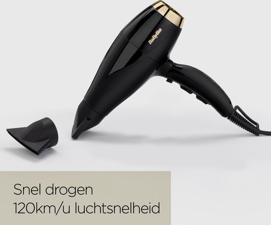 Zwarte BaByliss föhn met gouden accenten en een zwarte blaasmond. Snel drogen, 120km/u.