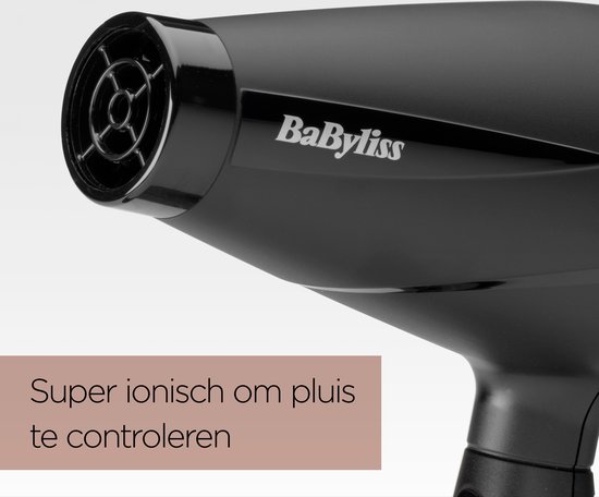 Zwarte BaByliss haardroger met gaas aan de achterkant voor super ionische pluiscontrole.