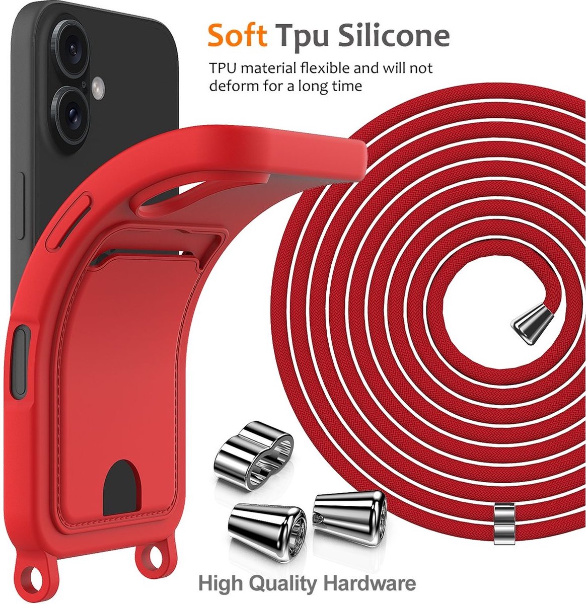 Mobigear Telefoonhoesje geschikt voor Apple iPhone 16 Siliconen met Kaarthouder | Mobigear Lanyard Card Hoesje met koord en Pasjeshouder | Kaarthouder voor 1 Pasje | hoesje met koord Telefoonhoesje voor Pinpas / OV Kaart / Rijbewijs - Rood