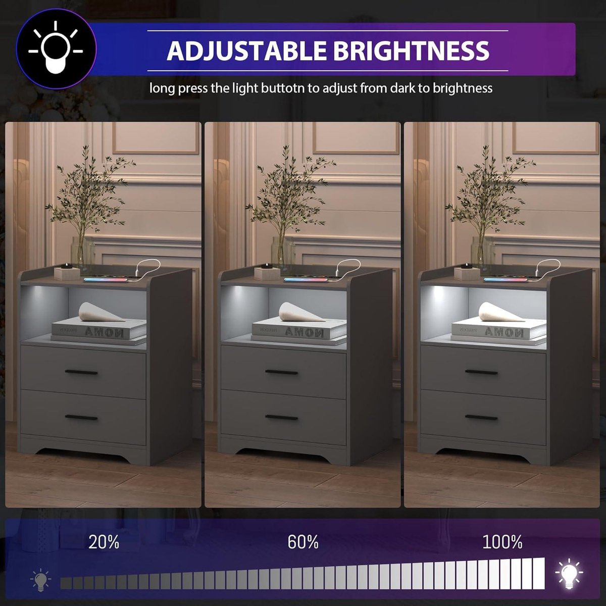 Nachtkastje Victoria met RGB LED-verlichting - Wit en Zwart