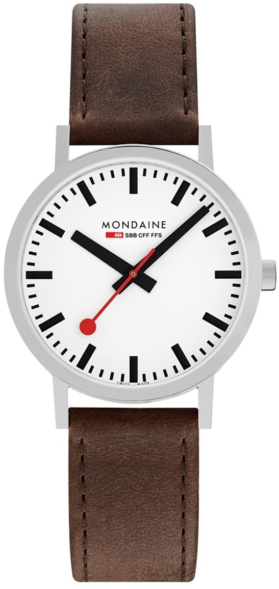 Mondaine M660.30360.11SBG Classic Heren Horloge - Stationsklok - Mineraalglas - Roestvrijstaal-Leer - Bruin-Wit-Zilver - Ø 40 mm - Quartz - Gesp