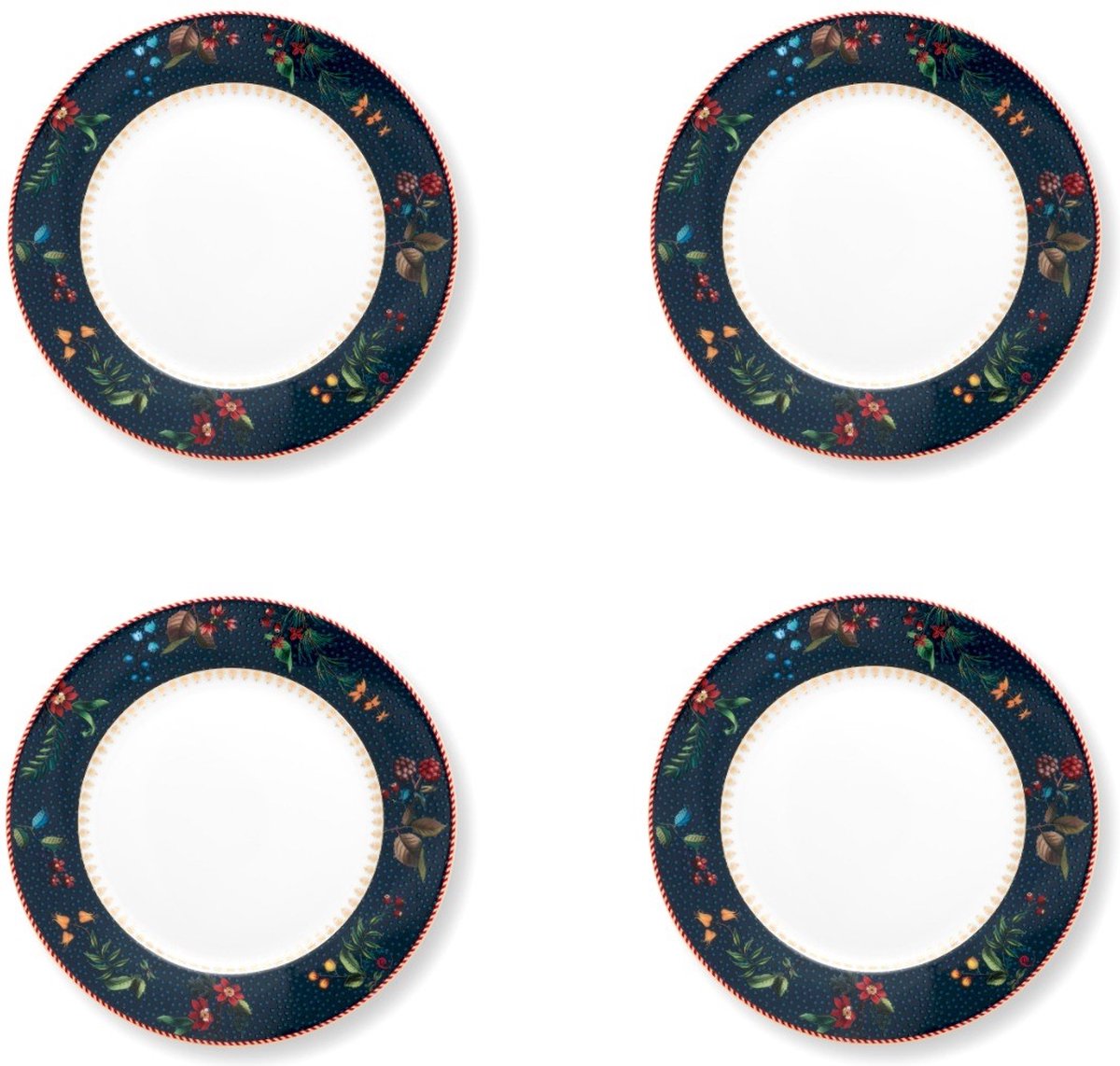Pip Studio Berry Blues Blue Ontbijtborden set van vier porselein donkerblauw bloemen