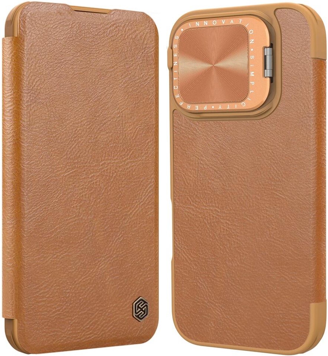 Nillkin Qin Prop Leather Case Hoesje Geschikt voor Apple iPhone 16 Pro Max - Book Case met Pasjeshouder - Camera Cover - Bruin