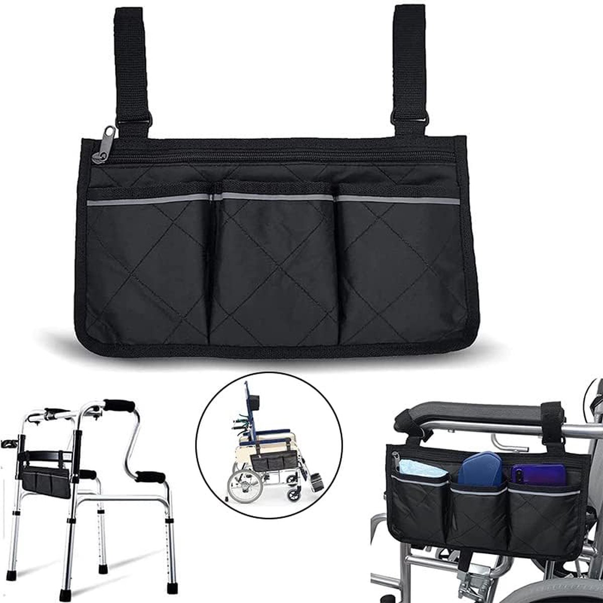 Goedkoopste Rolstoel Armsteun Opbergtas - Rolstoeltas Met 4 Opbergvakken - 32.5 X 18 Cm - Waterdichte Armleuningtas - Met Veiligheid Reflectiestreep - Universele Rolstoelzijtas - Rolstoeltas - Scootmobiel Tas - Rolstoel Tas Voor Boodschappen - Zwart