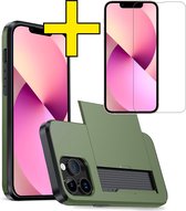 Hoesje Geschikt voor iPhone 14 Pro Max Hoesje Case Pashouder Hard Cover Met Screenprotector - Hoes Geschikt voor iPhone 14 Pro Max Hoesje Met Kaarthouder - Donkergroen