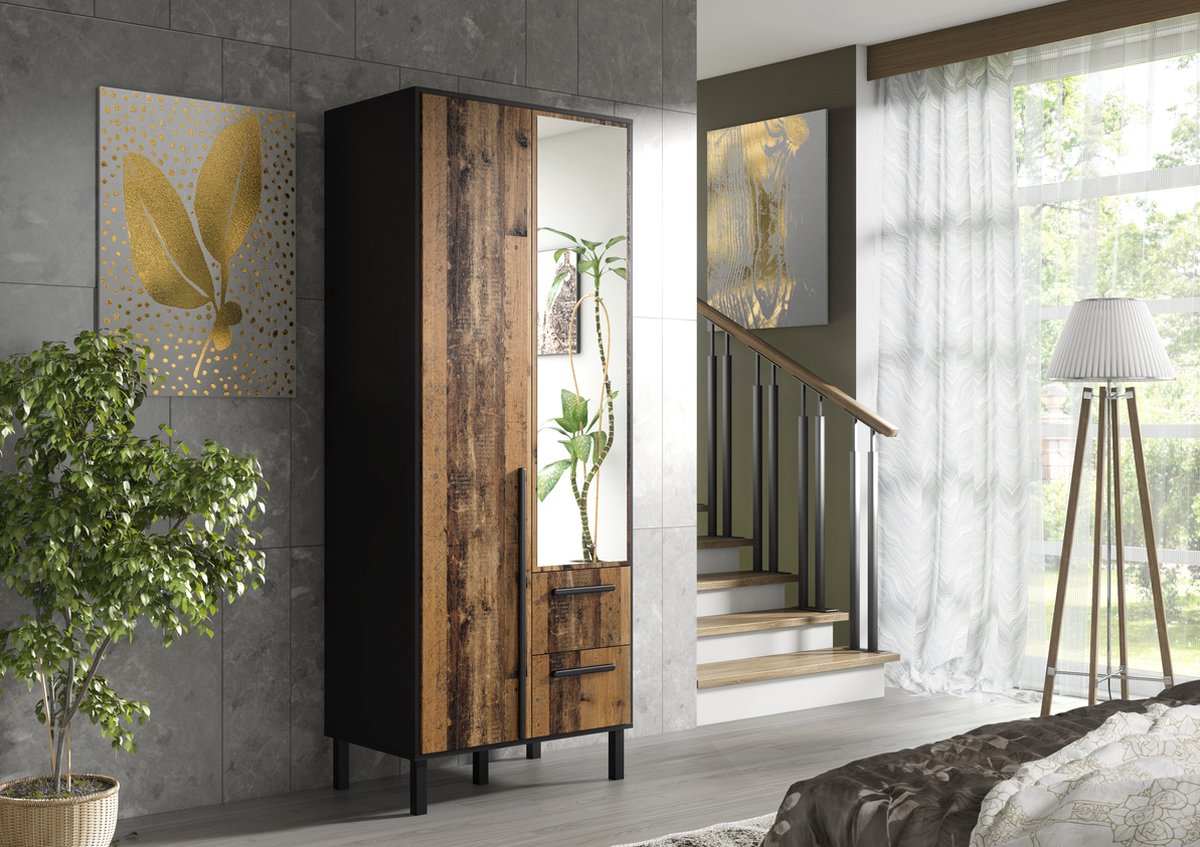 Promeubels Pro-meubels - Kledingkast Alvin 2 - Zwart mat - Old wood - 81cm - met spiegel - Garderobekast - Kast - Slaapkamer - Opbergkast