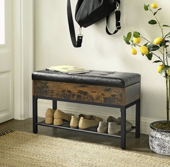 MIRA Home - Bank - Schoenen bank - Bruin - Zwart - Kunstleer - Metaal- 40x40x60