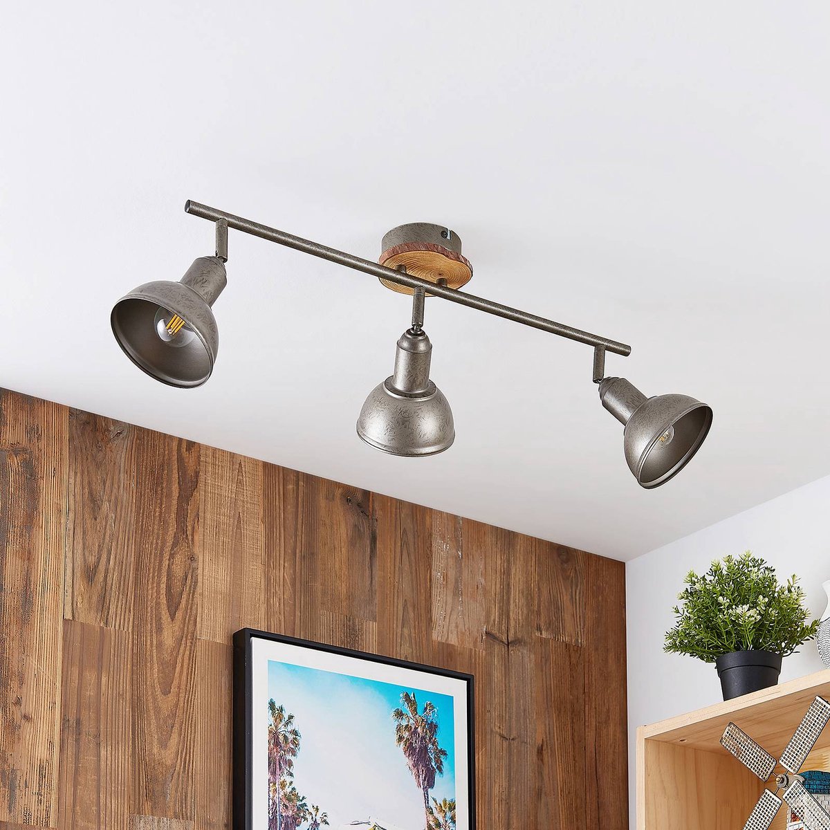Lindby buitenspot 3lichts ijzer hout H: 24 cm E14 donkergrijs hout licht