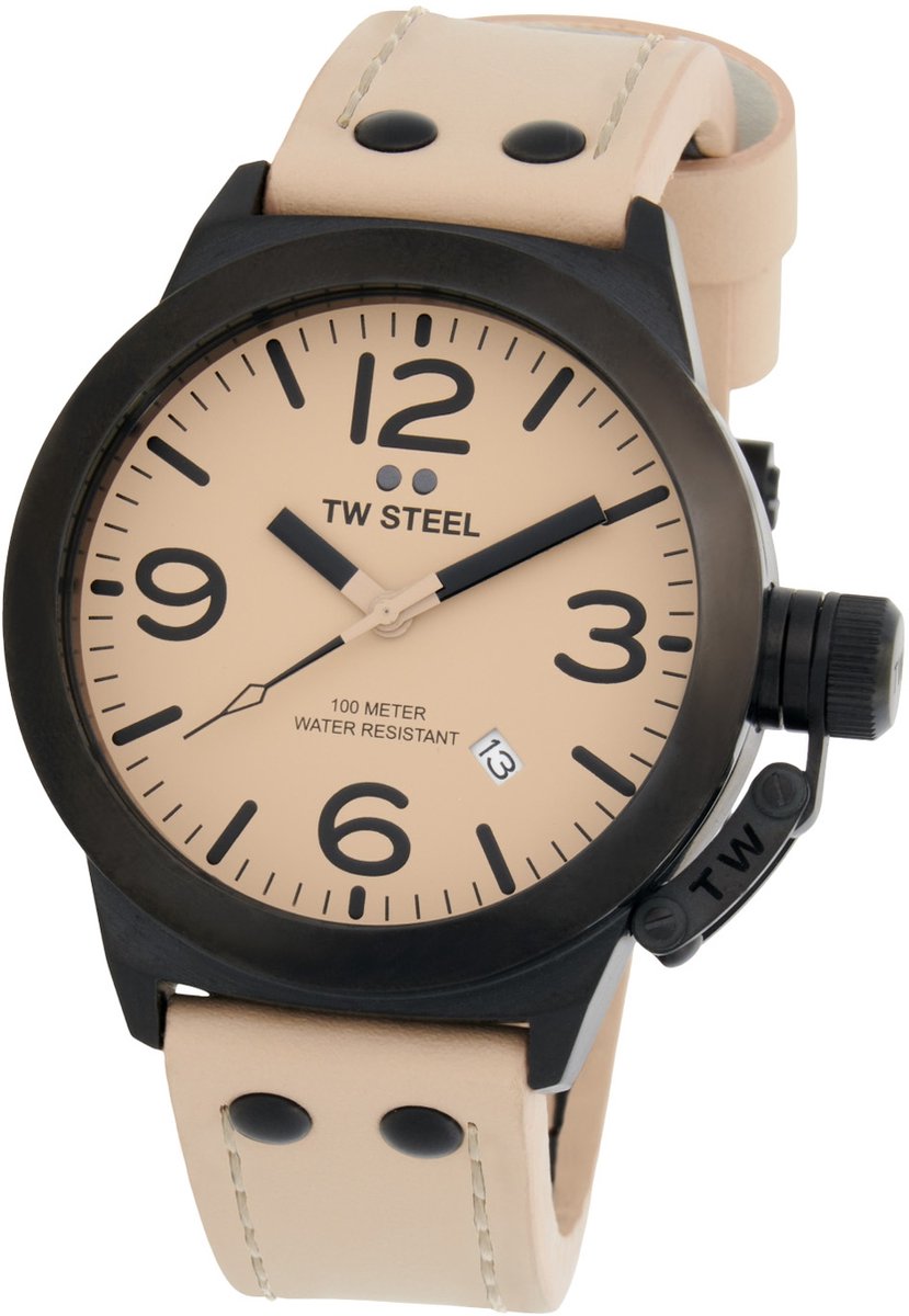 TW Steel TWCS114 Canteen Heren Horloge - Mineraalglas - Staal-Leer - Crème-Zwart - 45 mm breed - Automatisch - Gesp - 10 ATM (zwemmen)