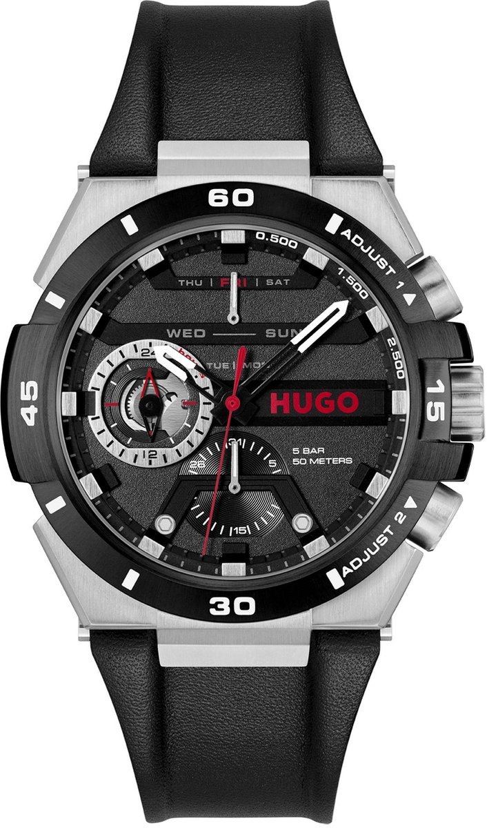 HUGO HU1530336 #WILD Heren Horloge - Mineraalglas - Staal-Leer - Zilverkleurig-Zwart - 46 mm breed - Quartz - Gesp - 5 ATM (douchen)