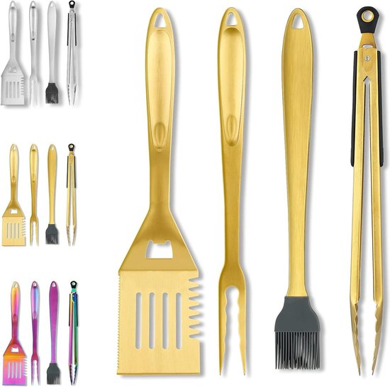 MAIKEHIGH Grillspatel Plancha Kit RVS Grillbestek - 9 Stuks Zware RVS Spatelset Professionele Grillspatel voor Koken, Kamperen en Bumperkleven Mannen