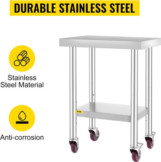 Momentum® Roestvrijstalen Werktafel met Planken en Wielen 61cm x 46cm – Ideaal voor Keuken - Restaurant en Opslag