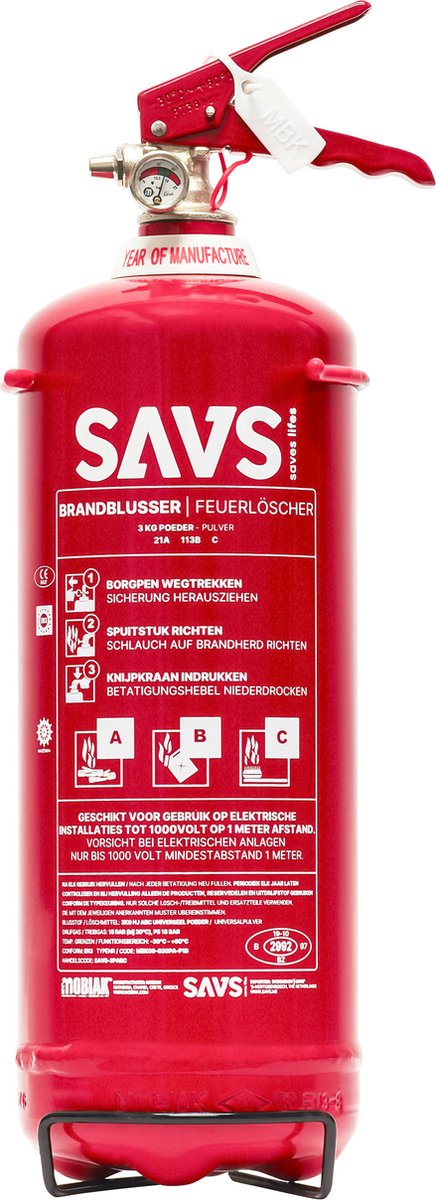 SAVS® Brandblusser poeder 3 kg - 21A 113B C - Met montagebeugel - Poederblusser