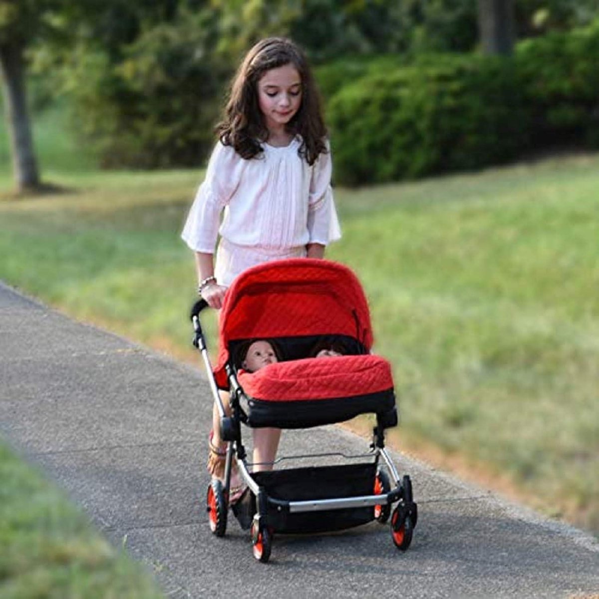 Tweeling Pop Deluxe Kinderwagen Rood - Hoogte Verstelbaar - Luier Zak - voor 18 inch 46 cm Poppen poppenstoel — cadeau in Spellen & Speelgoed - foto 2
