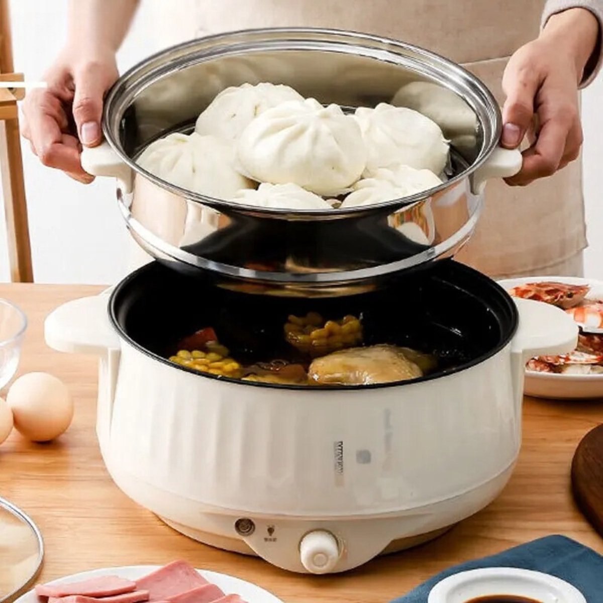 ALLGoods. Multicooker Rijstkoker 1.7L Multicooker Rice Cooker Slowcooker – Stoomkoker Dubbel – 220Watt – Stoomkoker – Stoompan- Zwart Zilver