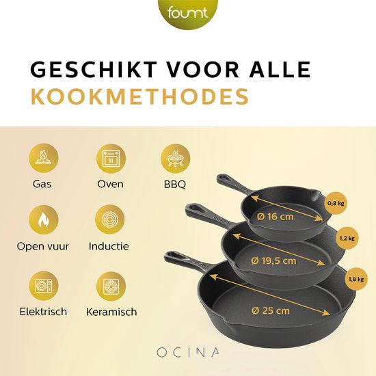 Ocina Gietijzeren Pannen Set voor BBQ en Inductie – 16cm – 19.5cm - 25cm – Koekenpan – Hapjespan - Skillet