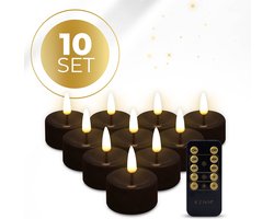 KENN® LED Waxinelichtjes – Set van 10 – Zwart – Echte Wax – Met Afstandsbediening & Timer – Tot 300 Branduren – Inclusief Batterijen – LED Theelichtjes – Kaarsen op Batterij – Realistisch Flikkerende Vlam - Nep Waxinelichtjes