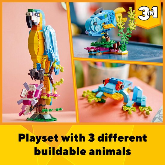 Collage met een gele en blauwe LEGO papegaai, een blauwe LEGO vis en een blauwe LEGO kikker. Tekst: Speelset met 3 verschillende bouwbare dieren.