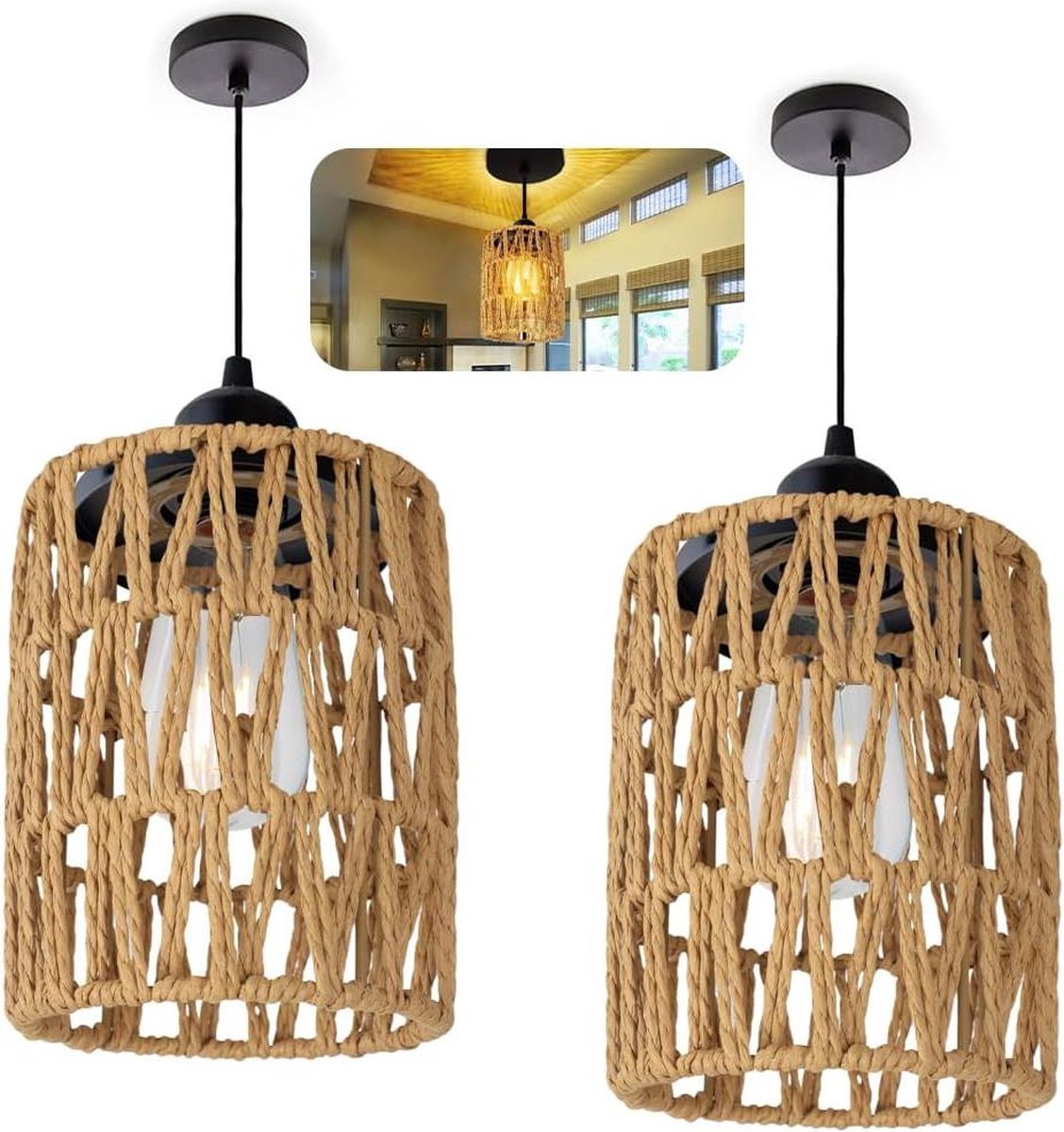 2 stuks rotan boho lampenkap - E12 E14 lampenkap - kleine hanglamp rotan - reservescherm -