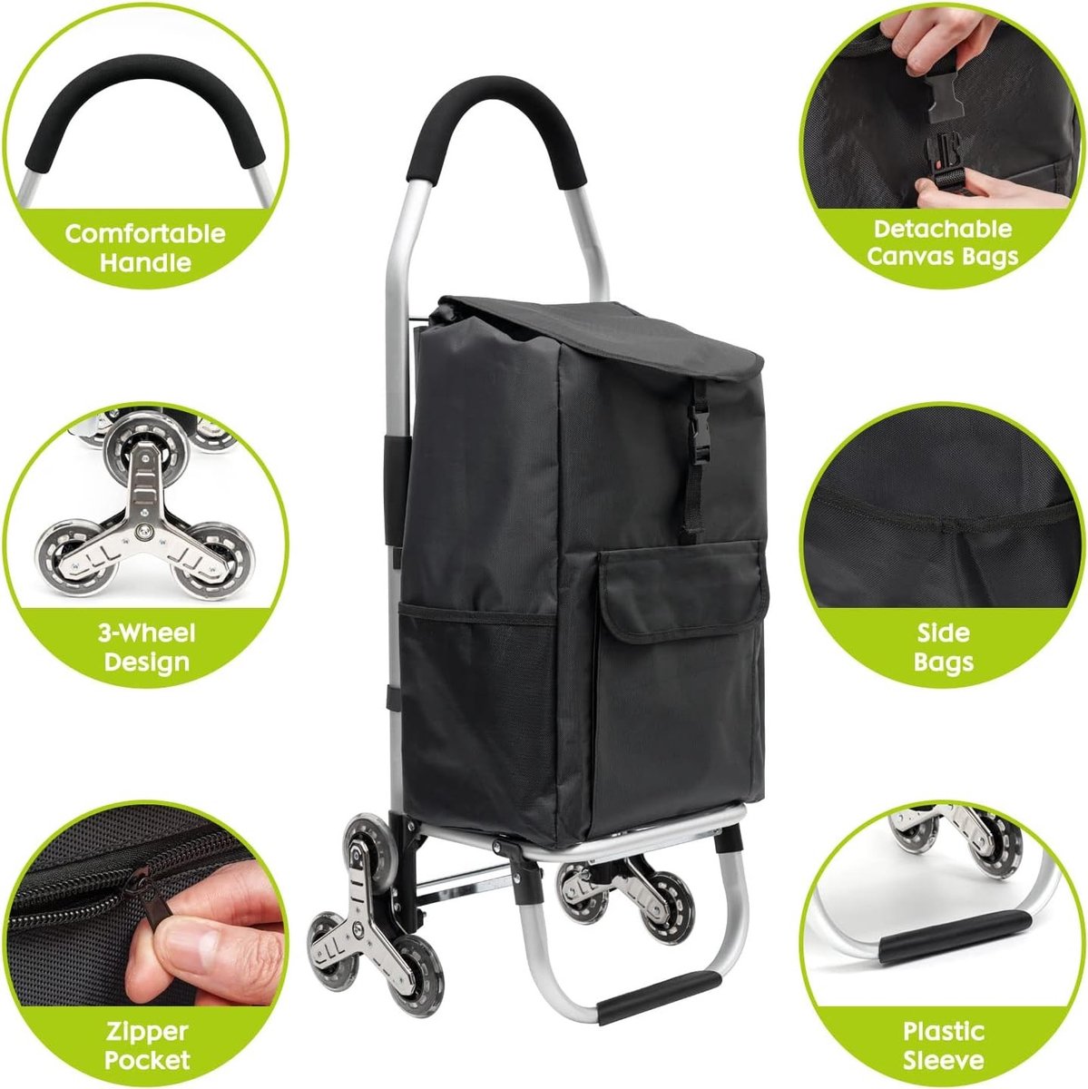 Opvouwbare Boodschappentrolley - Zwart - 56 l - Robuuste Trolley met 6 Wielen en Afneembare Koeltas - Voor Boodschappen en Transport