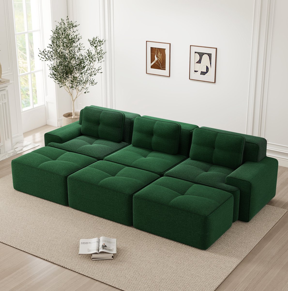 FloraGrace Hoekbank 3-Zits Met Slaapfunctie En 3 Hockers Modulaire Ribstof Voor Woonkamer Groen