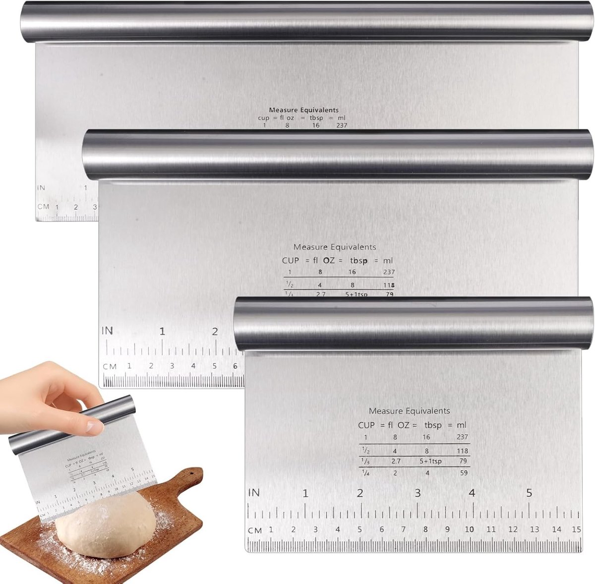 Deegschrapers - Roestvrij staal - 15/22/30 cm - Set van 3 Deegkaarten - Voor Keuken en Horeca