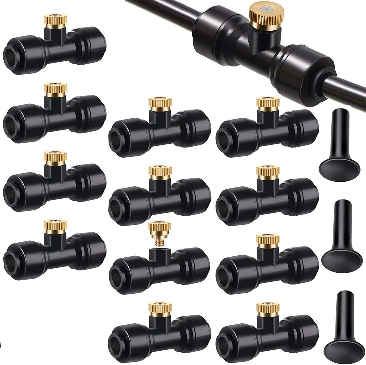 SnelShoppen - 12 Pack Messing Misting Doppen 1/4 Inch Slip Lock Verneveldoppen met T-stukken en Stopcontacten voor Buitenkoelsysteem