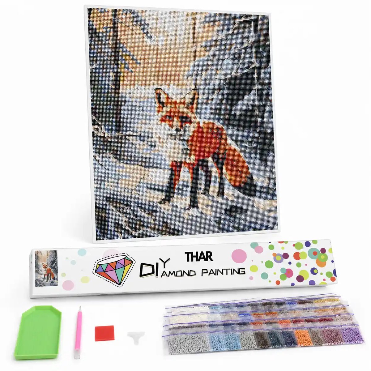 THAR Diamond Painting Vos in Winterbos - 40x50 cm - Ronde Steentjes