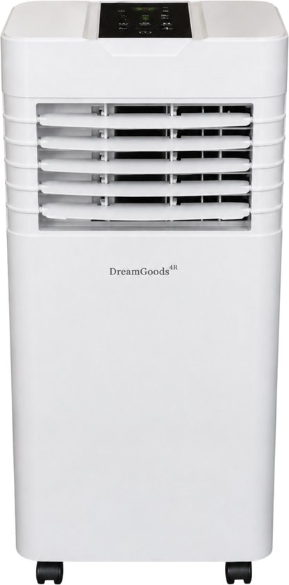 Witte DreamGoodsAR mobiele airco met horizontale lamellen en digitaal display aan de bovenzijde. Vier wieltjes aan de onderkant.