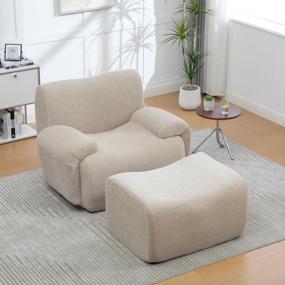 MEUNIQ Fauteuil met hocker in chenille, 1-zits, vacuümverpakt, montagevrij, met armleuningen, voor woonkamer, slaapkamer of gastenkamer, bruin Light Khaki