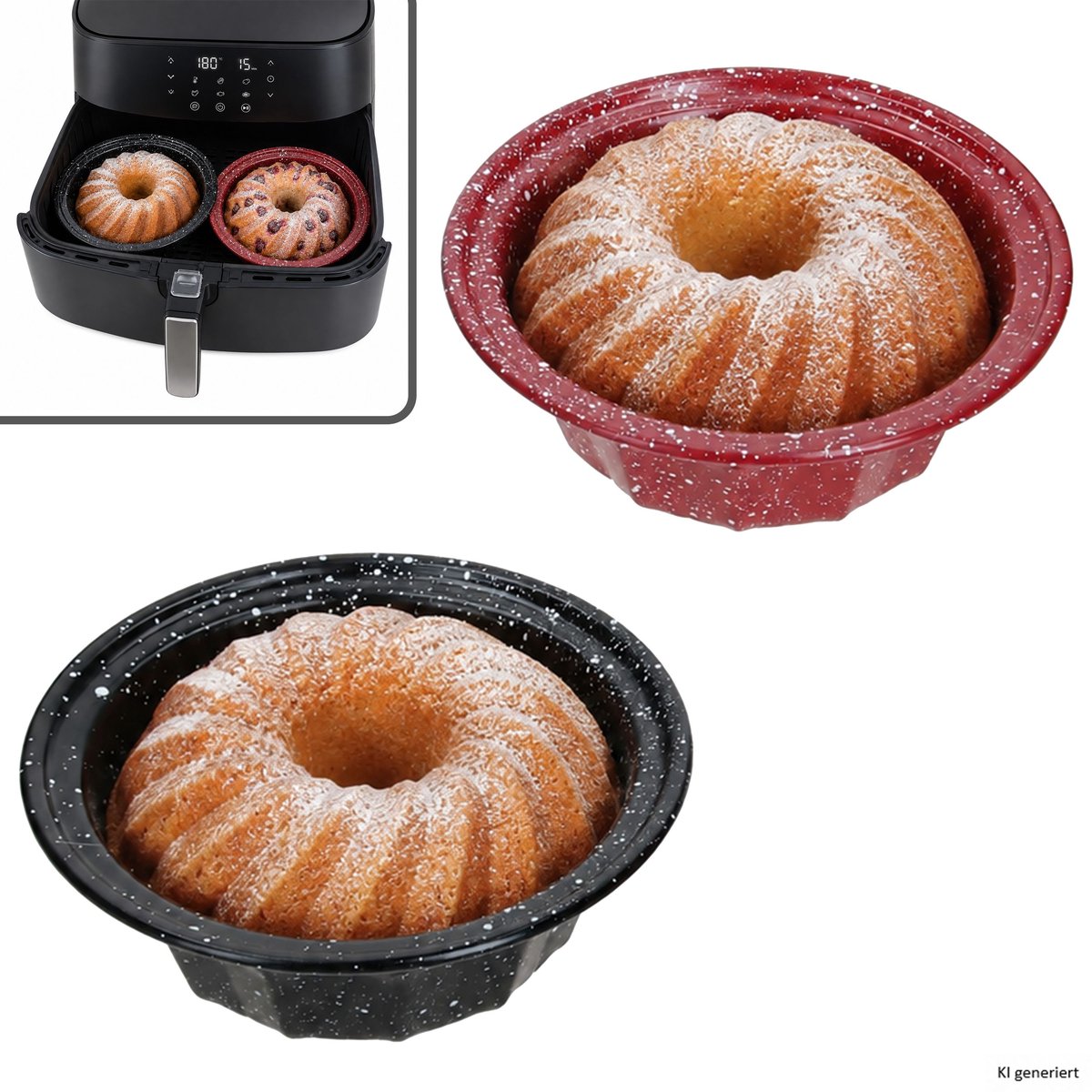Set van 2 CUCI mini-gugelhupfvormpjes, rond, Ø 12,3 cm, 1x zwart & 1x rood, van staal – 170492740