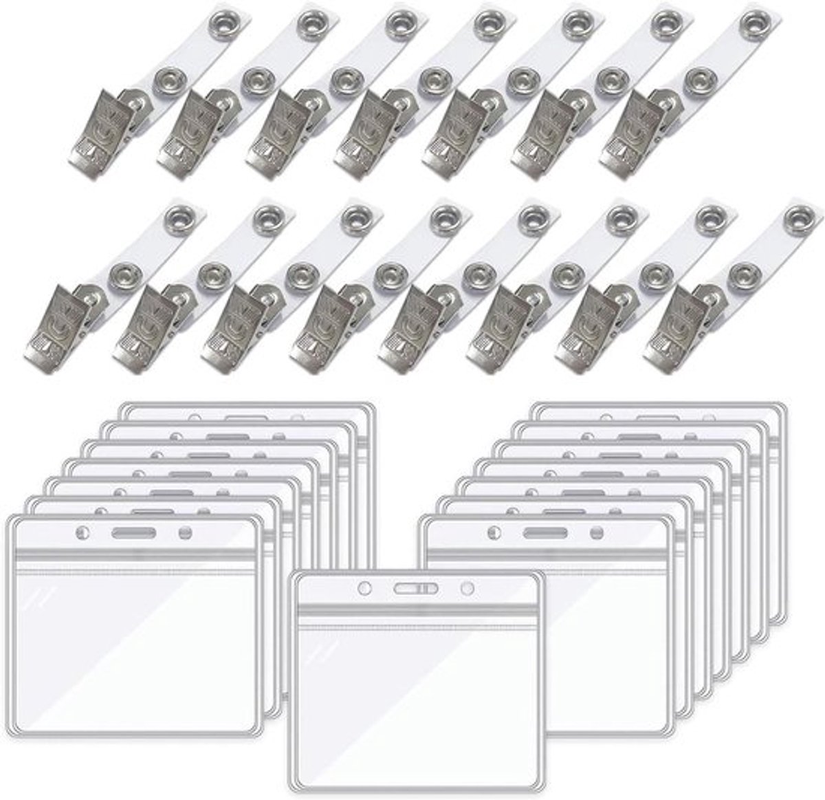 15-delige set transparante kaartclips, badgeclips, waterdichte hersluitbare zakjes, ID plastic portemonnee clips en PVC-inserts voor kleding en accessoires