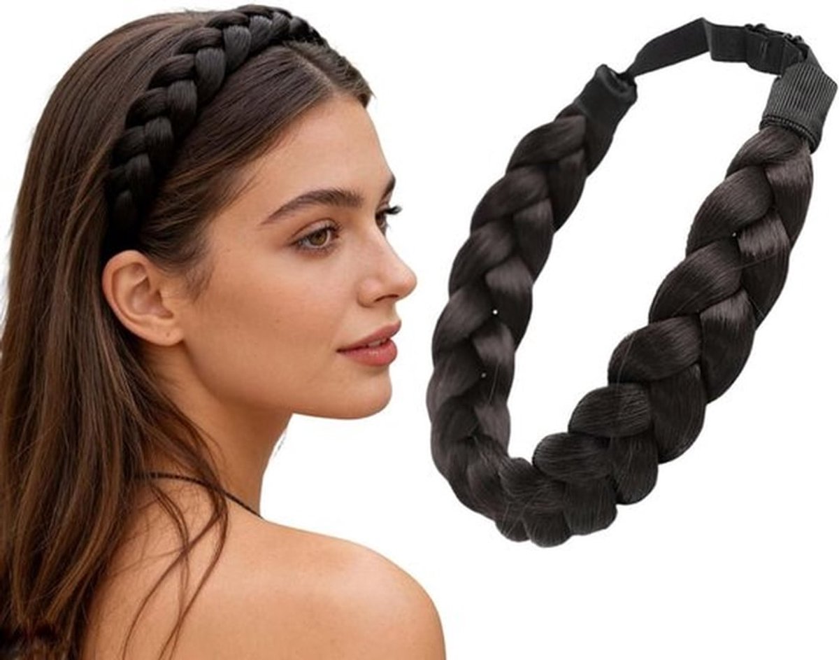 Verstelbare Elastische Haarband voor Dames - Donkerbruine Vlecht Haaraccessoire van Synthetisch Vezel, Perfect voor Mode en Styling