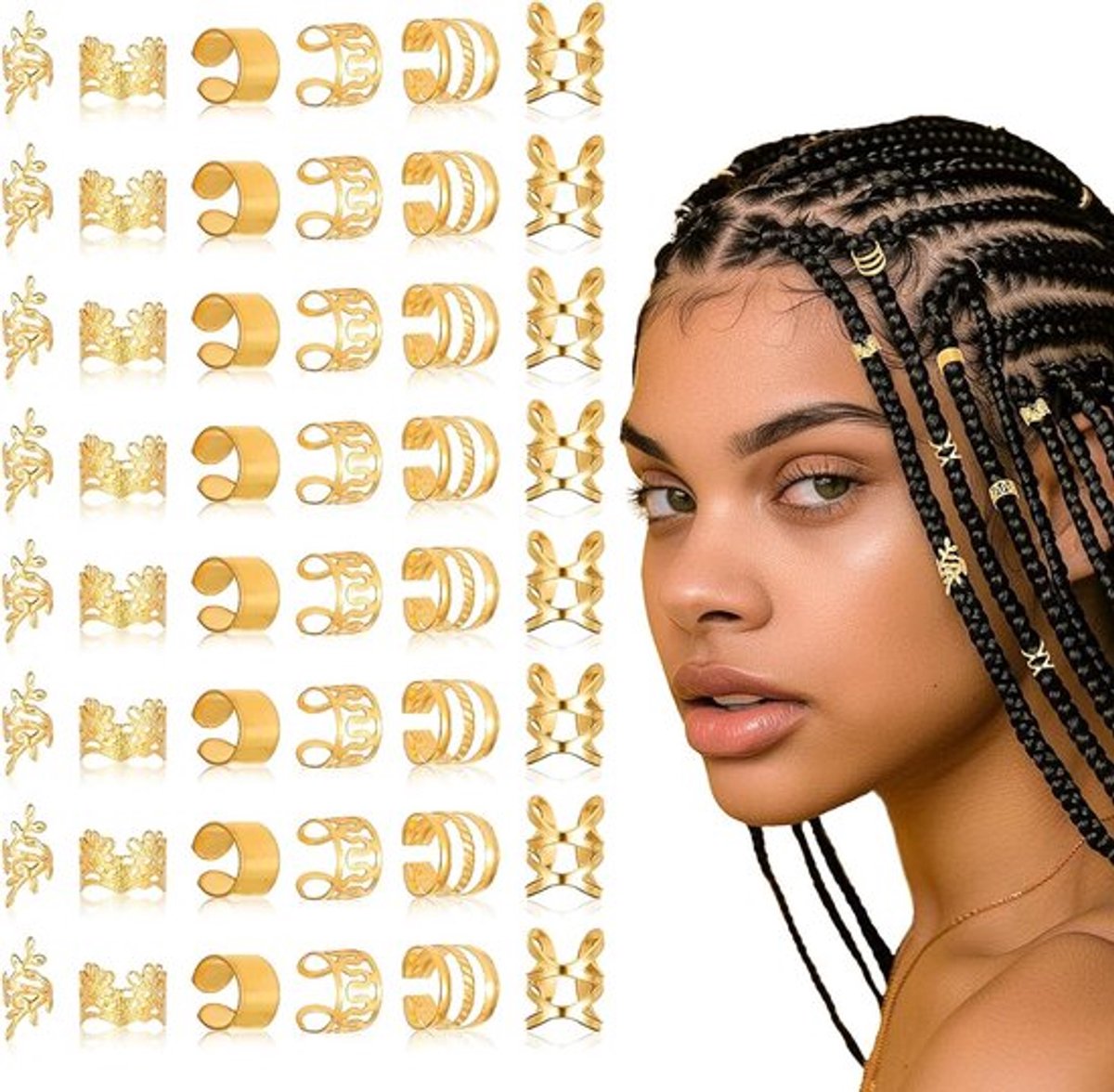 48 Stuks Gouden Haaraccessoires voor Dreadlocks en Vlechten - Haarspiralen, Clips en Metalen Cuffs voor Mannen en Vrouwen