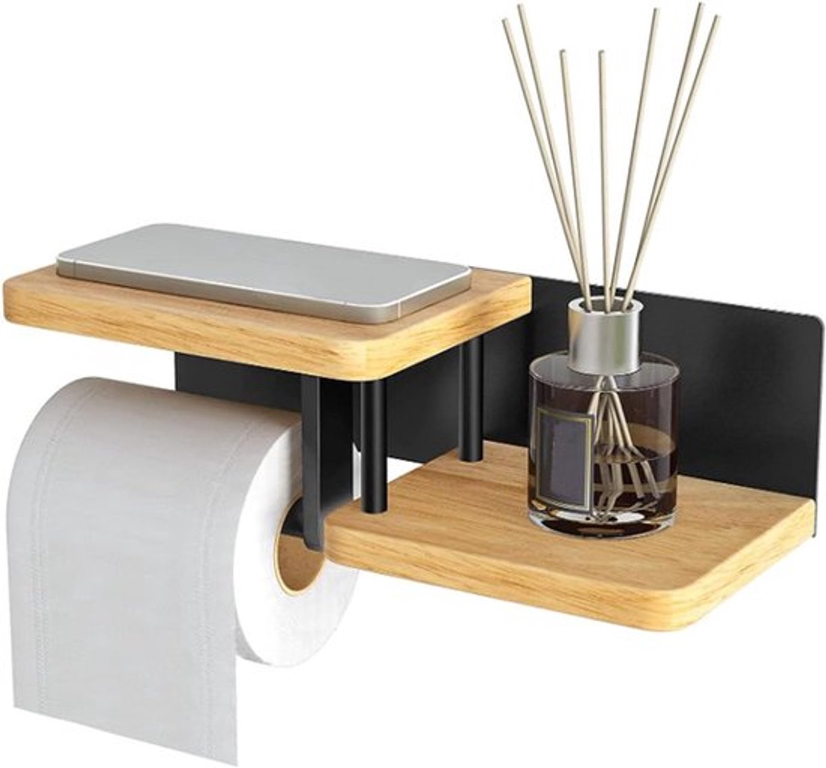 Houten Toiletpapierhouder zonder Boren voor Badkamer en Keuken - Makkelijk te Installeren, Ruimtebesparend en Stijlvol Design